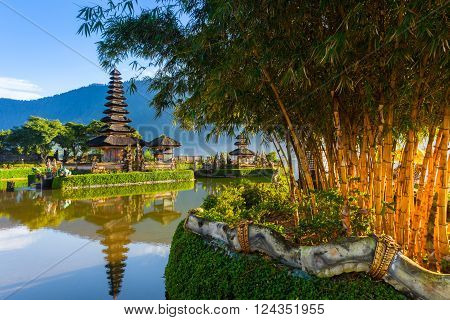 Pura Ulun Danu Bratan at sunrise famous temple on the lake Bedugul Bali Indonesia.