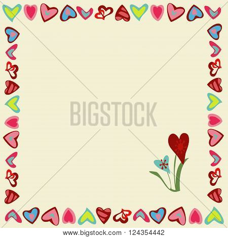 Frame of hearts on a yellow background. Square. All objects are grouped. Vector.