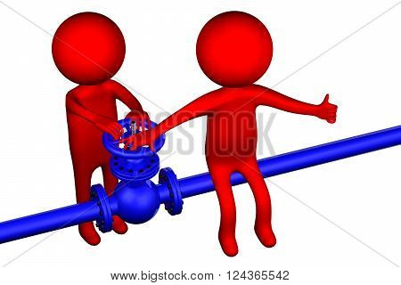 3D People with pipeline with valve isolated on white background. 3D render.