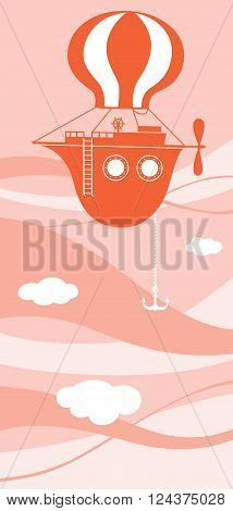 Vector illustration of the flying ship. The boat is soaring in the sky like a balloon.