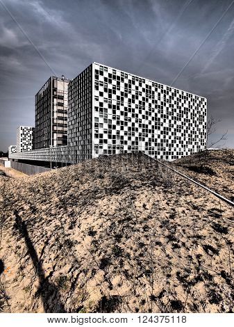 The Hague, Netherlands - March 27, 2016: The new International Criminal Court at the 2015 opened building in dramatic tone.