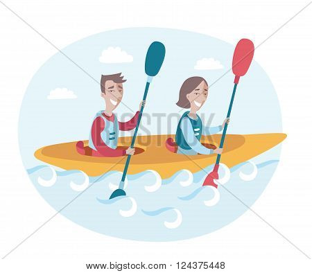 Vector illustration of couple in a canoe rowing oars along the river