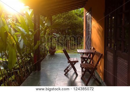 Brazil traditional house. table and chairs on the terrace at dawn. Brasil