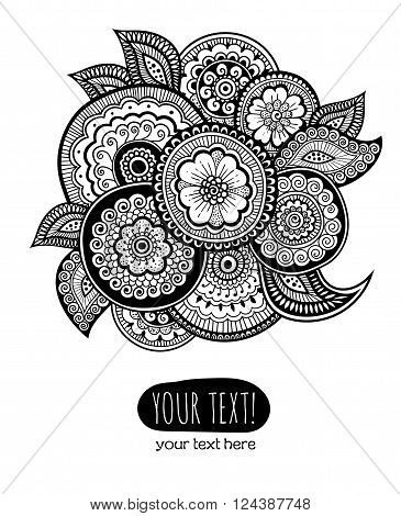 Template of greeting card with Zen-tangle ornament. Composition in mehndi style . Vector illustration.