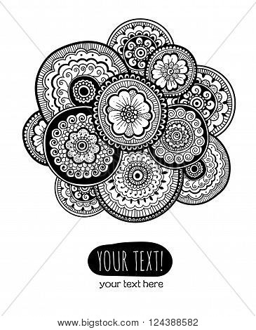 Template of greeting card with Zen-tangle ornament. Composition in mehndi style . Vector illustration.