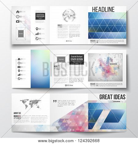 Vector set of tri-fold brochures, square design templates. Abstract colorful polygonal background with blurred image on it, modern stylish triangle vector texture.