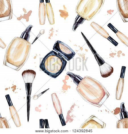 Seamless watercolor pattern with colored foundation bottles. Hand drawn cosmetics background beauty items on the white background. Fashion glamour pattern