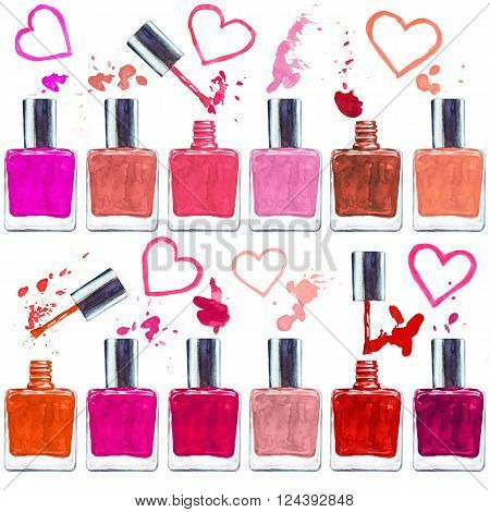 Seamless watercolor pattern with colored nail polish on white background. Hand drawn cosmetics background. Fashion glamour pattern. Illustration for your design