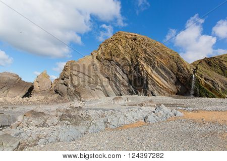 Sandymouth beach North Cornwall England UK with unusual beautiful rock formations near Bude