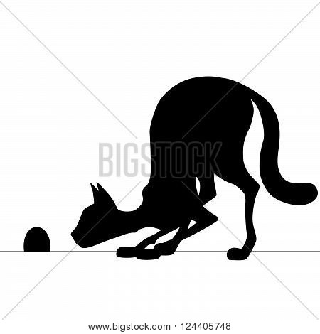Silhouette cat watching a mouse hole waiting for mouse. Vector illustration.