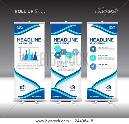 Blue Roll Up Banner template and info graphics elements vector illustration for business