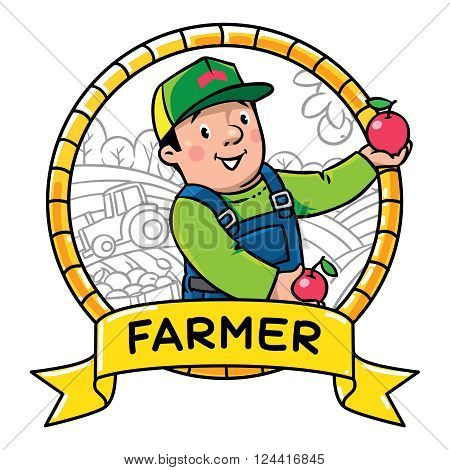 Children vector illustration or emblem of funny farmer or gardener in overall and baseball cap with apples in his hands in round frame with cartouche. Profession ABC series.