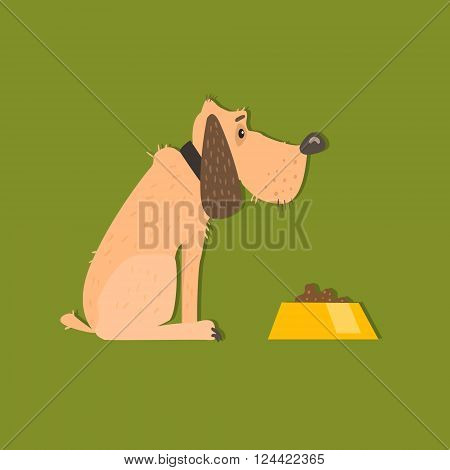 Bloodhound With Food Bowl Funny Flat Vector Illustration In Creative Applique Style