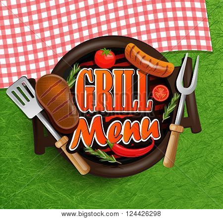 BBQ Grill menu - Typographical Design Label or Sticer on the background of green grass and rustic tablecloths in red and white squares.