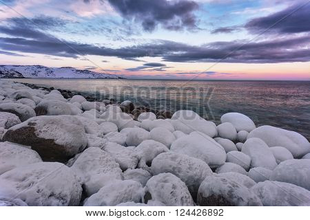 Beach with big round stones on the coast of the Barents Sea Arctic