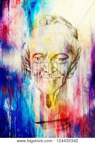 drawing of philosopher voltaire sculpture on abstract background
