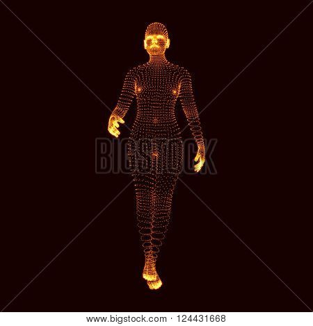 Man Stands on his Feet. 3D Model of Man. Human Body Model. Body Scanning. View of Human Body. Vector Graphics Composed of Particles.
