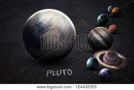 Pluto - High resolution images presents planets of the solar system on chalkboard. This image elements furnished by NASA