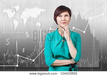 Young woman standing on the traiding graph background. Elements of this image furnished by NASA