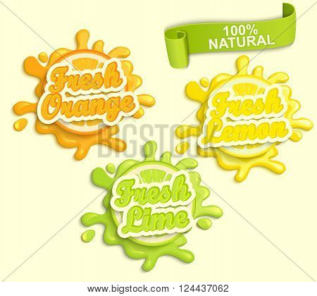 Set of Lemon, orange, lime juece labels splash. Lettering, splash and blot design, shape creative vector illustration.