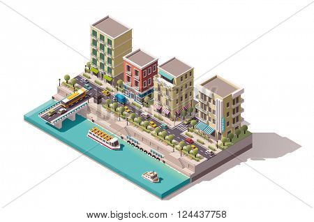 Isometric town street on the river bank
