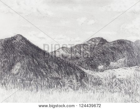 landscape painting and mountain  on old paper background