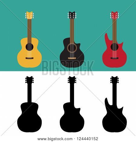 Set of guitar in flat and silhouette style vector