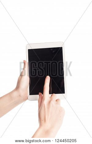 Girl Toching Tablet Screen Isolated