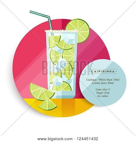 Caipirinha cocktail drink recipe illustration in colorful flat art design style with summer fruit decoration and ingredients text. EPS10 vector.