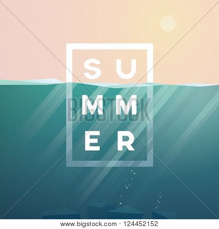 Summer background with underwater seascape scene and sunbeams in the ocean. Summer text in the centre. Eps10 vector illustration.