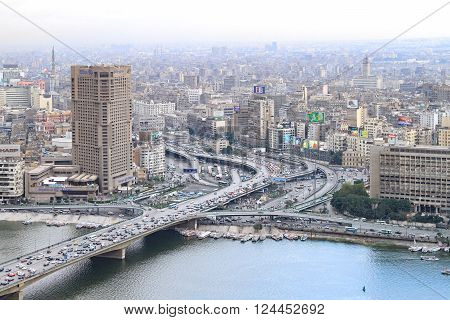 CAIRO EGYPT - FEBRUAR 25: Cairo city from tower on FEBRUAR 25 2010. City and bridge at River Nile in Cairo Egypt.