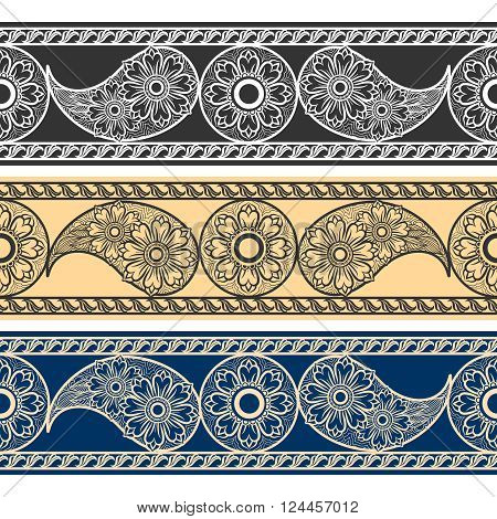 Paisley horizontal patterns. Turkish cucumbers mehndi tattoo doodle borders vector