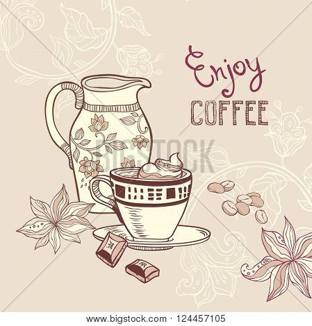 vector hand drawn illustration with coffee cup and milk jug