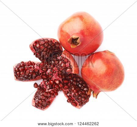 Split open flower served pomegranate Punica granatum fruit composition isolated over the white background