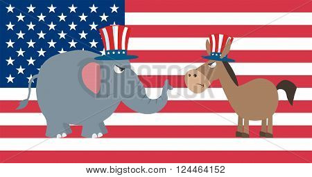 Angry Political Elephant Republican Vs Donkey Democrat Over USA Flag