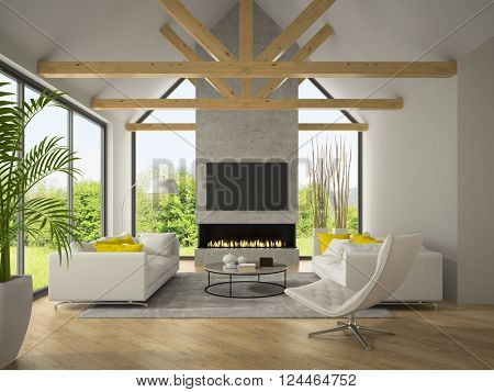 Interior of living room with  sofas and fireplace 3D rendering 