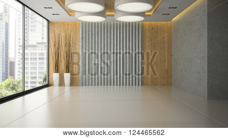 Interior of empty room with wooden wall panel 3D rendering 