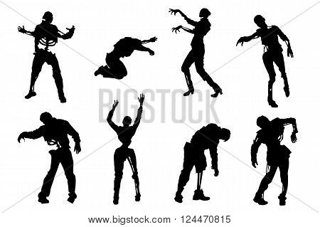 illustration of set of zombies in different poses on white background