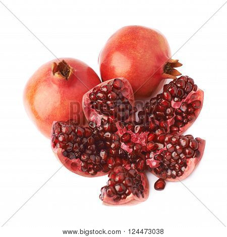 Split open flower served pomegranate Punica granatum fruit composition isolated over the white background