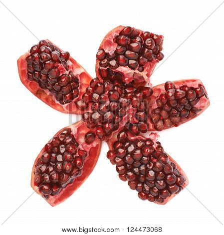Split open flower served pomegranate Punica granatum fruit isolated over the white background