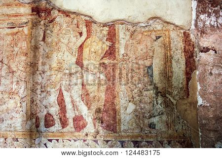 POMPEII ITALY - AUG 2 1998;: Detail of mural painting in the interior of the ancient house in Pompeii. Italy.