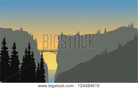 Landscape of cliff and fir tress at sunset