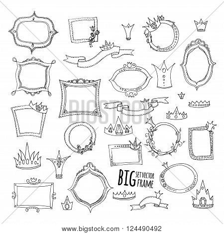 Vector illustration. colored doodle - set of frames, ribbons and crown on a white background