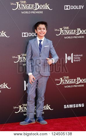 Neel Sethi at the Los Angeles premiere of 'The Jungle Book' held at the El Capitan Theatre in Hollywood, USA on April 4, 2016.