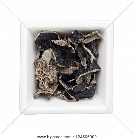Dried black fungus in a square bowl isolated on white background