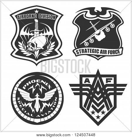 Military airforce patch set - armed forces badges and labels logo. Vector set.