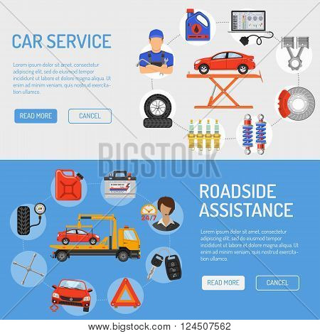 Car Service and Roadside Assistance Banners with Flat Icons for Poster, Web Site, Advertising like Laptop, Tow, Battery, Jack, Mechanic.