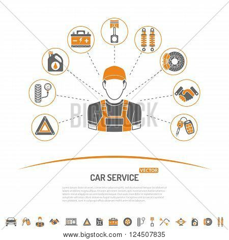 Car Service Concept with Icons for Poster, Web Site, Advertising like Mechanic, Battery, Oil.
