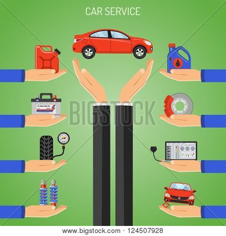 Car Service Concept with Hand and Icons for Poster, Web Site, Advertising like Brake, Battery, Oil.