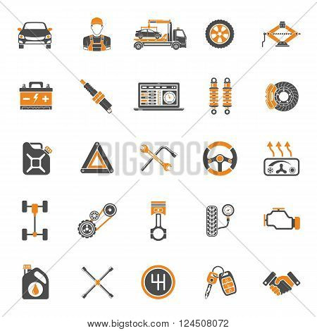 Car Service Two Color Icons Set for Poster, Web Site, Advertising like Laptop, Battery, Jack, Mechanic.